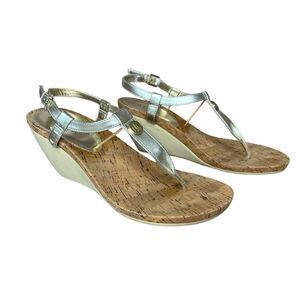 Ralph Lauren Reeta Split Toe Casual T-strap Gold Wedge Ankle Strap Sandal sz 10